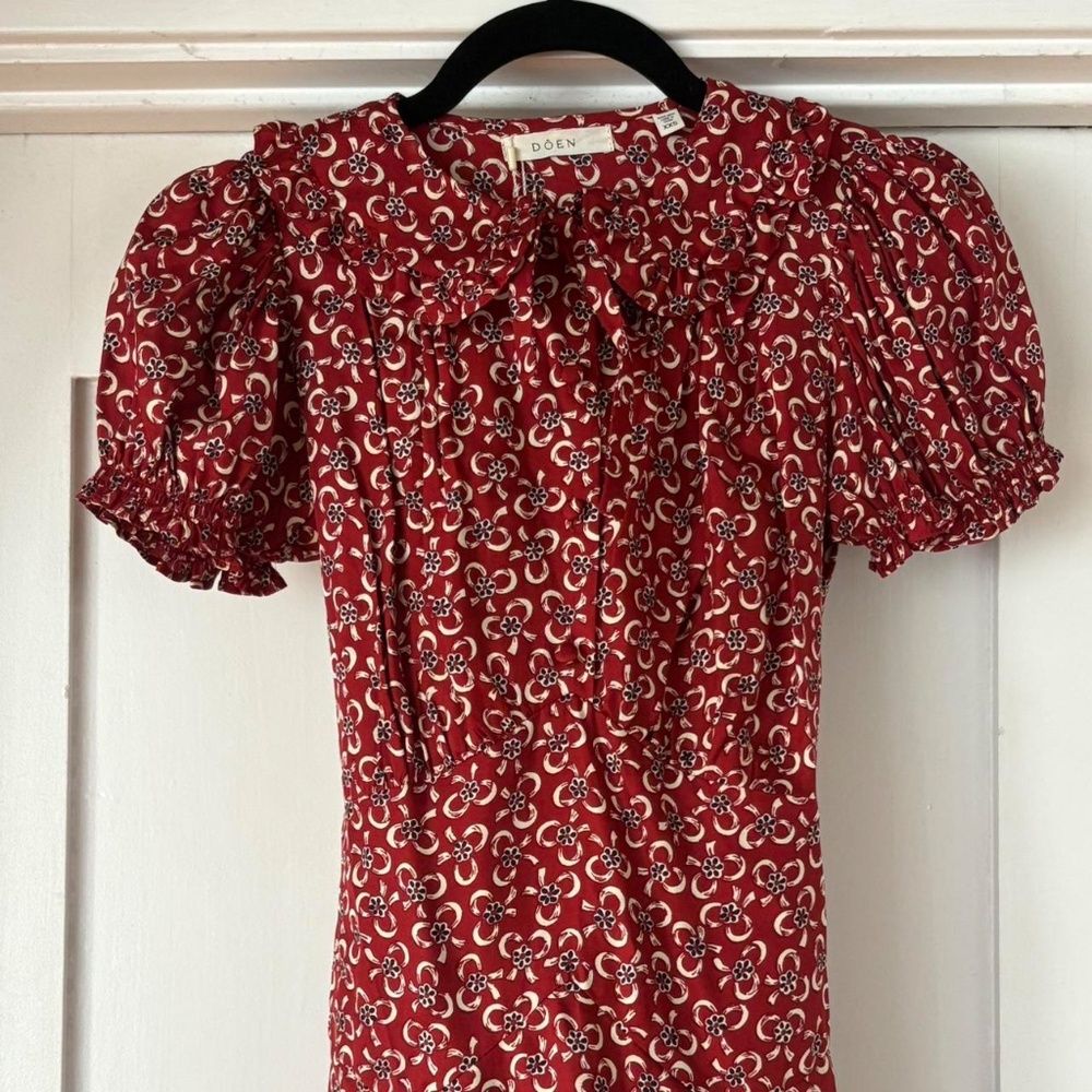 Doên Evienne Dress -- Ameline Ditsy Red Silk Bow Dress,  sz s - Picture 7 of 8